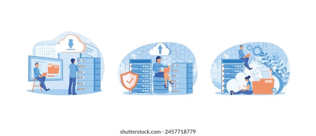 Database storage technology. People analyzing data on the laptop. Add files to the data center. Could Computing concept. Set flat vector illustration.