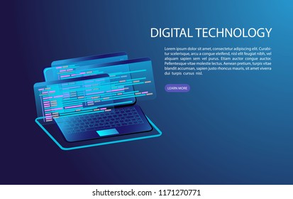 Database system and Big data flow processing concept, cloud database, isometric vector, web hosting and server room icons. Smart concept in database system