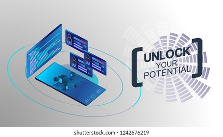 Database system and Big data flow processing concept, cloud database, isometric vector, web hosting and server room icons. Smart concept in database system