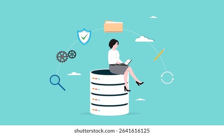 database system, cloud computing technology or file document archive, database administration concept, data network management, security or search, woman work with laptop on database server