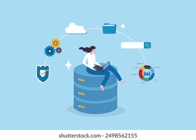 Database system, data network management, security or search, cloud computing technology or file document archive, database administration concept, woman working with computer laptop on database.