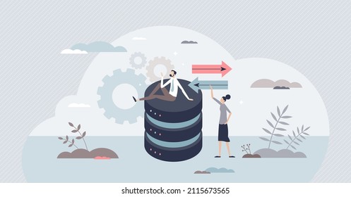 Database system development and server file organization tiny person concept. Content transfer and folders optimization for easy and effective work with data vector illustration. Server info order.