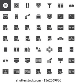 Database system vector icons set, modern solid symbol collection, filled style pictogram pack. Signs, logo illustration. Set includes icons as data protection, data storage analysis, flash drive pen