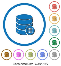 Database table cells flat color vector icons with shadows in round outlines on white background