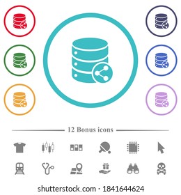 Database table relations flat color icons in circle shape outlines. 12 bonus icons included.
