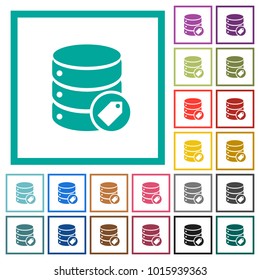 Database tag flat color icons with quadrant frames on white background