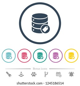 Database tag flat color icons in round outlines. 6 bonus icons included.