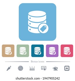 Etiqueta de base de datos iconos planos blancos en fondo cuadrado redondeado de color. 6 iconos de bonificación incluidos
