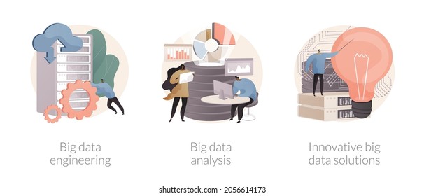 Database technology abstract concept vector illustration set. Big data engineering, automated analytics system, innovative big data solutions, business software, machine learning abstract metaphor.