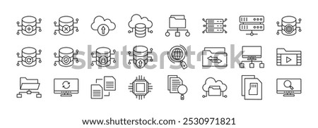 Database thin line icon set. Containing Add Database, Database Remove, Cloud Upload, Cloud Database, File Network