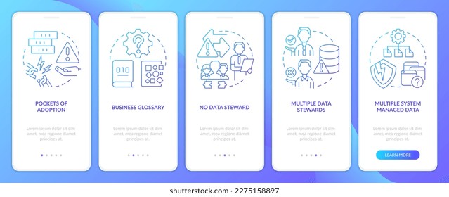 Database troubles blue gradient onboarding mobile app screen. Challenges walkthrough 5 steps graphic instructions with linear concepts. UI, UX, GUI template. Myriad Pro-Bold, Regular fonts used