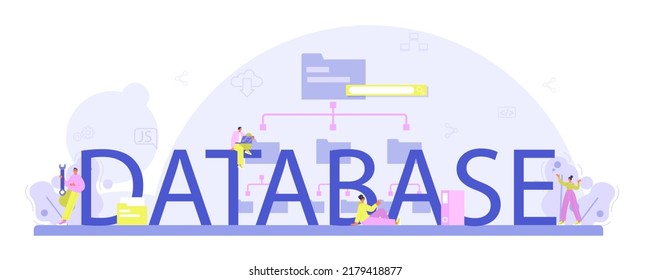 Database typographic header. Manager working at data center, maintaining servers work. Data protection, backup and restore. Flat vector illustration
