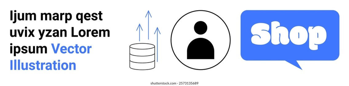 A database with upward arrows, a person icon, and a Shop speech bubble represents data management, user profiles, and online shopping. Ideal for e-commerce, analytics, user experience, data storage