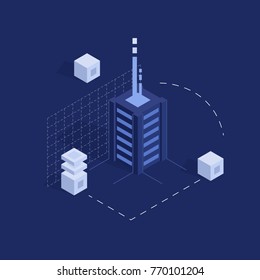 Database vector concept, data center, server room rack, hosting banner, modern electronic technology flat isometric vector 