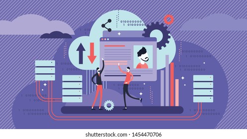 Database vector illustration. Flat tiny persons virtual information concept. Hardware hosting and disk space sharing to storage files, folders and documents. Secure online cloud download and upload.