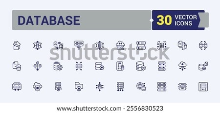 Database vector line icon set. Includes icons for computing, communication, search, base, cloud, website, element and more. Outline icon collections. Editable vector outline and solid icons.