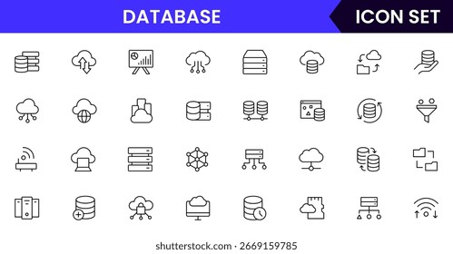 Ícones de linha de vetor de banco de dados com data centers, roteadores, firewalls, cabos, ferramentas de monitoramento, configurações de IP, servidores de nuvem e conectividade.