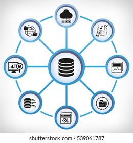 database and web analytics icons in circle diagram on white background