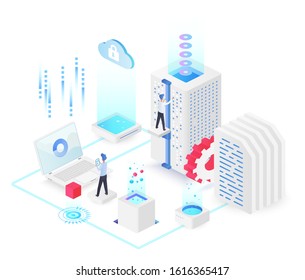 Database white isometric vector illustration. Electronic maintenance team. Service hardware administration group. Futuristic cyberspace technology. Cloud datacenter cartoon conceptual design element