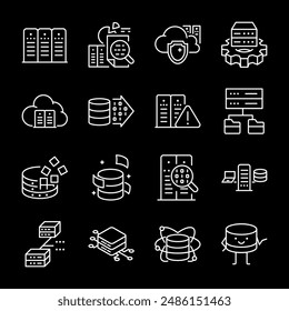 Base de datos, iconos de línea blanca. Herramientas para el análisis de datos, la estructuración y el procesamiento de servidores. Ideal para administrar bases de datos de forma eficaz. Símbolos sobre fondo negro. Trazo editable.