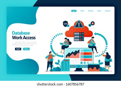 Database work access landing page design. database network flow and connection access. communication device with computing cloud storage. vector illustration for poster, website, flyer, mobile app
