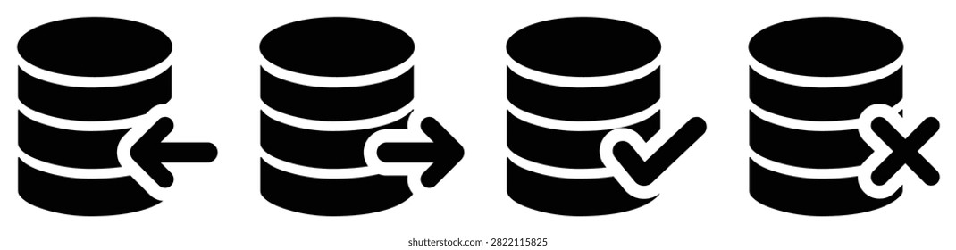 Database workflow UI icon set with import, export, success and error symbols. Editable solid vector collection for data migration, synchronization, cloud storage, backend systems, web dashboards and mobile applications.