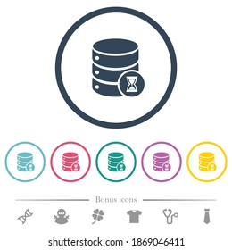 Database working flat color icons in round outlines. 6 bonus icons included.