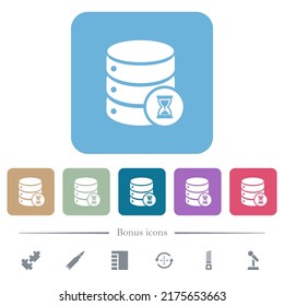 Database working white flat icons on color rounded square backgrounds. 6 bonus icons included