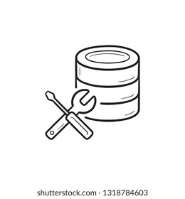 Database with wrench and screwdriver hand drawn outline doodle icon. Database maintenance concept. Vector sketch illustration for print, web, mobile and infographics on white background.
