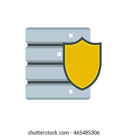 Database with yellow shield icon in flat style on a white background