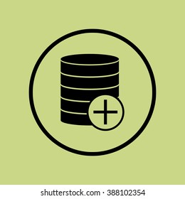 Database-add icon, on green background, circle border, dark outline