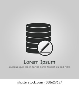 Database-modify icon, on grey background, dark outline, example text