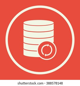 Database-reload icon, on red background, white circle border, white outline
