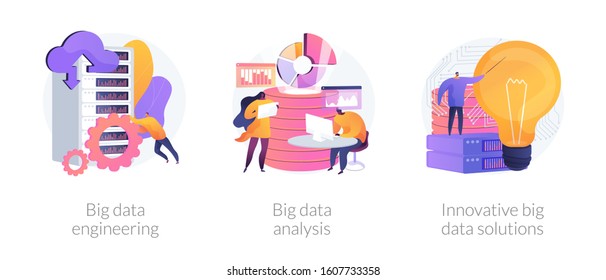 Databases and datacenters hardware. Digital information storage. Big data engineering, big data analysis, innovative big data solutions metaphors. Vector isolated concept metaphor illustrations.