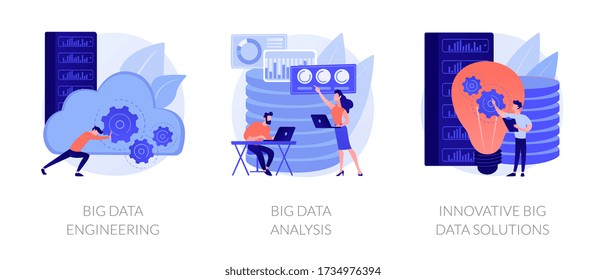 Hardware de bases de datos y centros de datos. Almacenamiento de información digital. Ingeniería de grandes datos, análisis de grandes datos, metáforas innovadoras de soluciones de grandes datos. Ilustraciones de metáforas conceptuales aisladas por vectores.