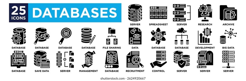  Databases icon collection set. Containing design Server Spreadsheet ,Server ,Research ,Archive