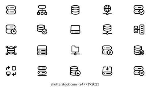 Conjunto de iconos de línea de bases de datos. Conjunto de iconos de Big Data. Almacenamiento de datos, Sistema de información, Gestión de bases de datos, Repositorio de datos, Base de datos digital, Icono de base de datos. Ilustración vectorial. Gráfico de Vector. EPS 10