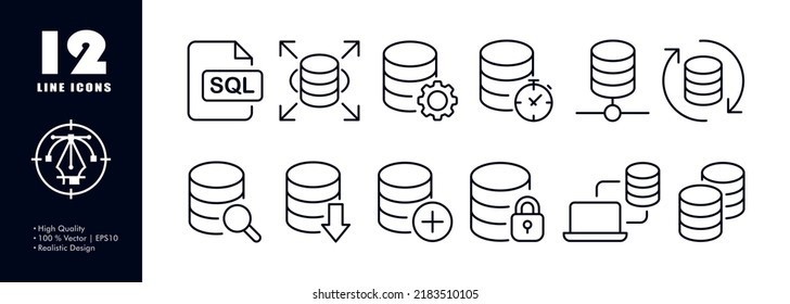 Databases set icon. Store the information, table, order, gear, arrows, clock, search, magnifier, download, lock, plus, laptop, query, language. Business concept. Vector line icon for Business.