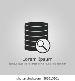 Database-search icon, on grey background, dark outline, example text