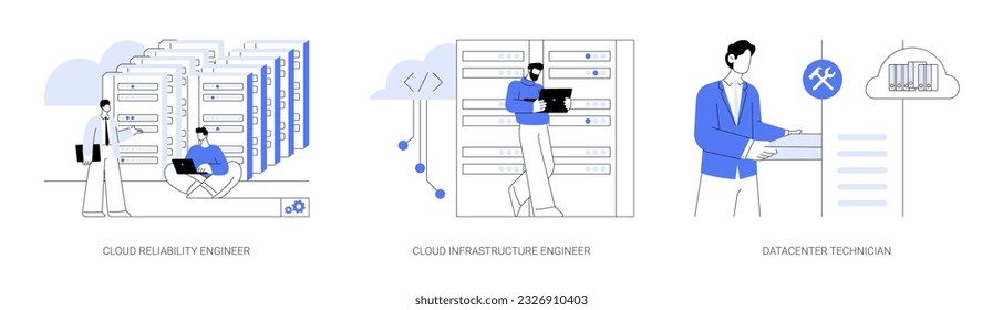 Datacenter abstract concept vector illustration set. Diverse colleagues testing cloud reliability, network infrastructure engineer, data center technician job, server maintenance abstract metaphor.