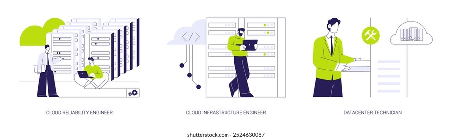 Conjunto de ilustrações vetoriais de conceito abstrato do data center. Vários colegas testando a confiabilidade da nuvem, engenheiro de infraestrutura de rede, trabalho de técnico de data center, metáfora abstrata de manutenção de servidor.