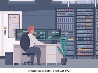 Cartoon-Komposition von Rechenzentren mit Innenansicht von Datenanalysten, die mit Desktop-Computern und Servern arbeiten, Vektorgrafik
