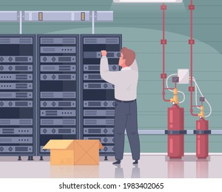 Datacenter Cartoon Composition With Male Technician Touching Server Racks With Indoor Interior And Cooling System Peripherals Vector Illustration