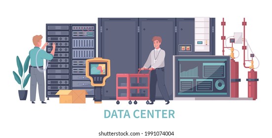 Datacenter Cartoon Composition With Text And View Of Servers Computers Cooling System And Characters Of Workers Vector Illustration