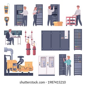 Datacenter cartoon set with isolated icons of server racks cabinets and cooling system with technician characters vector illustration