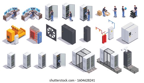 Datacenter Communication Equipment Collection Of Isolated Isometric Icons With Server Racks Cooling System Workstations And People Vector Illustration