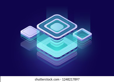 Datacenter concept, blockchain tech isometric icon, digital technology design element, server room, data accumulation, cloud storage, dark neon vector