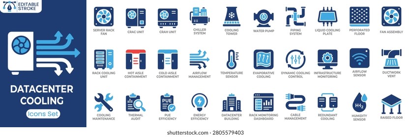 Datacenter cooling icon set. Containing server rack fan, CRAC unit, chiller system, cooling tower, airflow management, temperature sensor, liquid cooling, rack monitoring and more. Solid vector icons collection