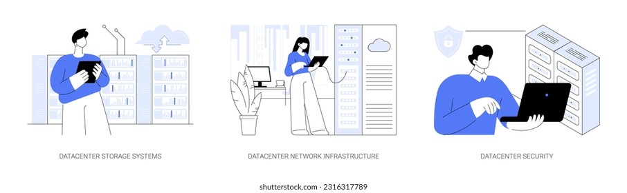 Datacenter core components abstract concept vector illustration set. IT engineer work with datacenter storage, network infrastructure, hardware maintenance, security system abstract metaphor.