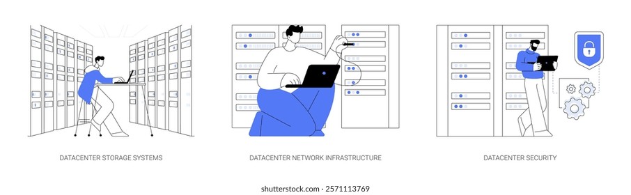 Datacenter core components isolated cartoon vector illustrations set. IT engineer work with datacenter storage, network infrastructure, hardware maintenance, security system vector cartoon.